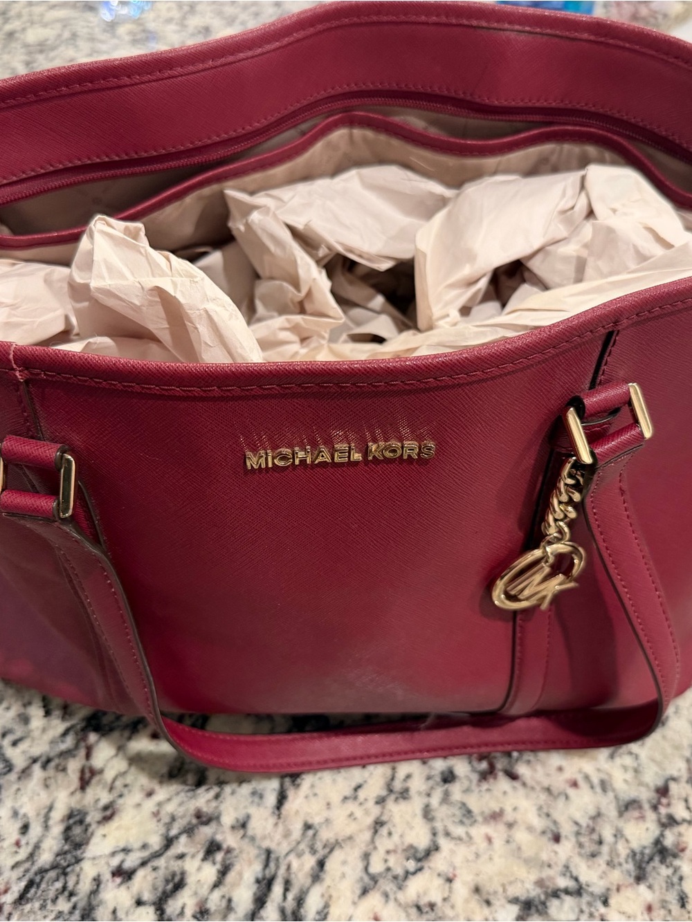 Michael Kors Burgundy Saffiano Leather Tote with Gold Accents